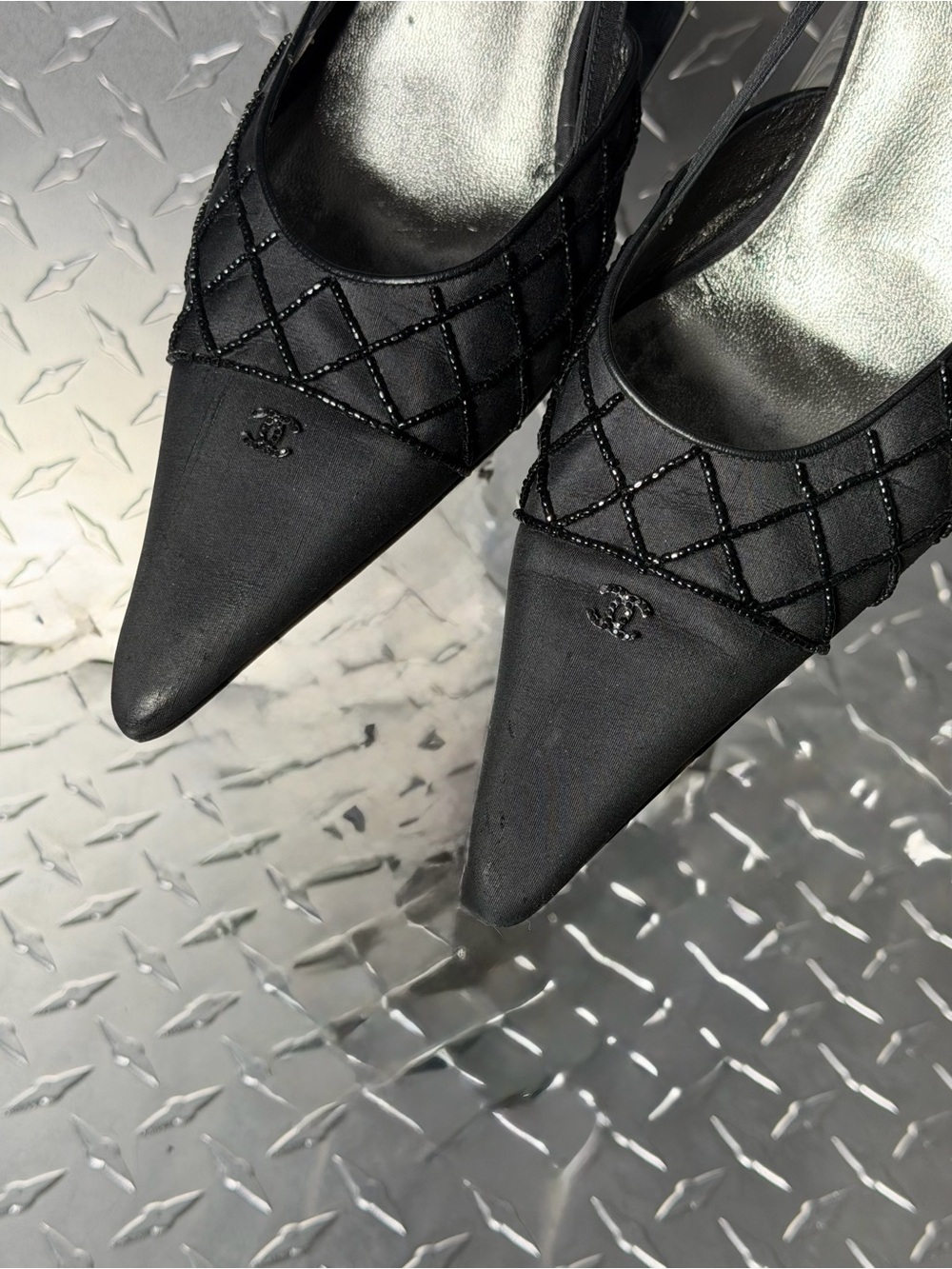 Chanel Vintage Satin Embellished Logo Slingbacks in Black 40.5 - Picture 2 of 7